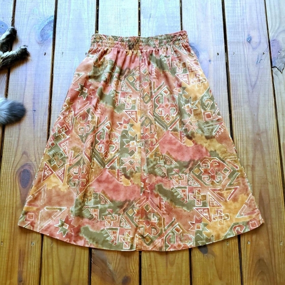 Vintage 80's 90's S/M earthy orange brown green geometric soft midi skirt - Picture 5 of 5